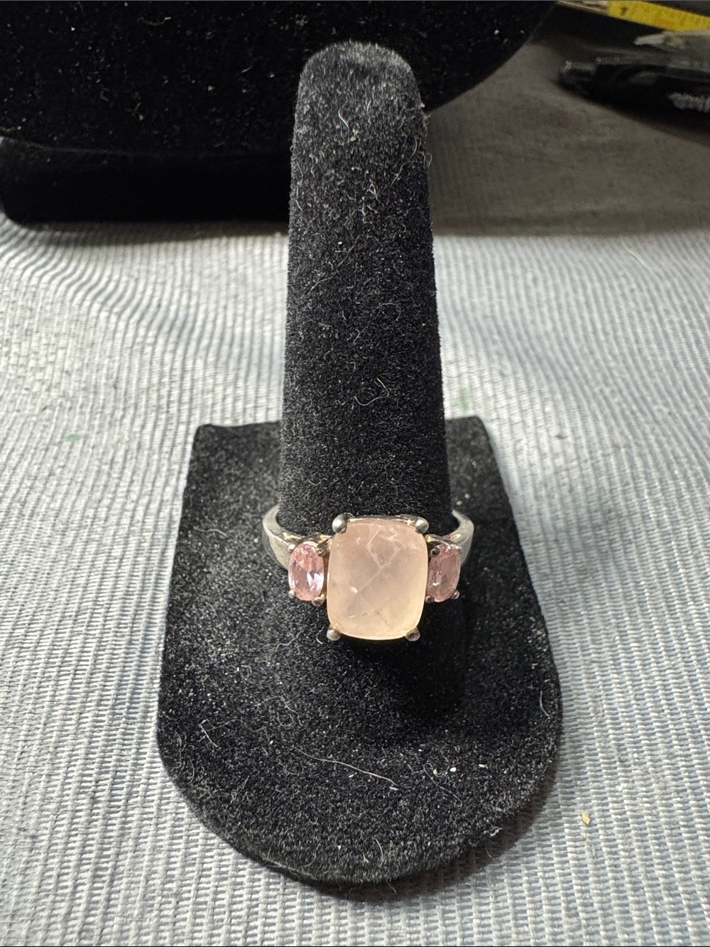 Vintage Sterling Silver Rose Quartz Cushion Ring with Pink Accent Stones